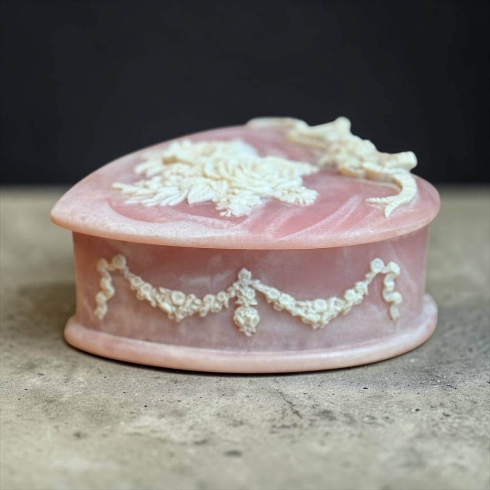 Incolay Pink Stone Jewelry Box Genuine Vintage Hinged Trinket Box w/ Rose Design